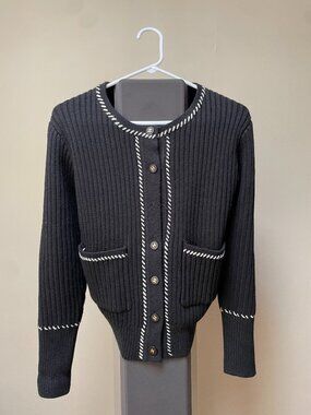 Black Ribbed Knit Cardigan Inspired by Classic French Luxury Style – Size 42